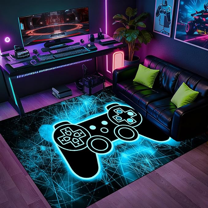 Gaming Video Game Area Rugs for Boys Teens Modern Cool Tech Style Gaming Room Home Decor Gamer Controller Gamepad Pattern Area Rug Floor Carpet Bathroom Mat for Leisure/Living/Bedroom