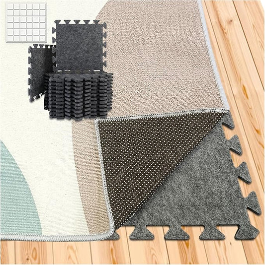 BXI Soundproof Interlocking Rug Pad 24 Pcs, 11x 11 x 0.32 inches Non Slip Rug Pads, High Density Noise Reduction Puzzle Felt Carpet Padding, Rug Mat Protects and Adds Cushion for Hardwood Floor