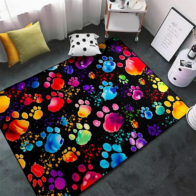 Paw Print Rug - Cute Colorful Dog Cat Paw Print Rugs Cartoon Animal Claw Carpet for Kids Bedroom Cute Animal Paw Themed Decorative Carpet for Playroom Soft Decor for Classroom,3'×4'