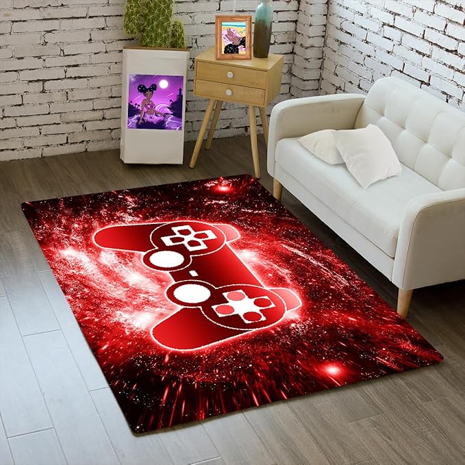 BATATADOCE Video Game Rug, 3D Printed Gamepad Controller Area Rugs for Bedroom Boys Living Room Red Large Cool Gamer Rugs Gaming Art Design Home Decor Crystal Doormat Yoga Mats, 35"x23"