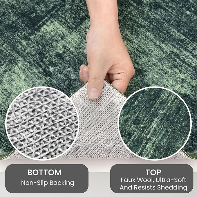 IOHOUZE Abstract Area Rugs 5x7 Ft Washable Rugs for Living Room, Non Slip Dining Room Rug, Printed Faux Wool Rugs for Bedroom, Floor Carpet for Kitchen Nursery Playroom, Dark Green