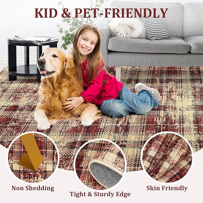 Washable Area Rug 3x5 Christmas Rug with Non Slip Rubber Backing, Modern Plaid Bedroom Rugs Farmhouse Soft Low Pile Rustic Accent Rug for Entrance Living Room Kitchen Home Decor