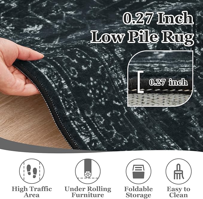 Dark Round Rugs 6ft, Low Pile Thin Circle Area Rugs for Bedroom Living Room Washable Non Slip, Vintage Medallion Distressed Round Carpet for Kitchen Dining Room, Black and White