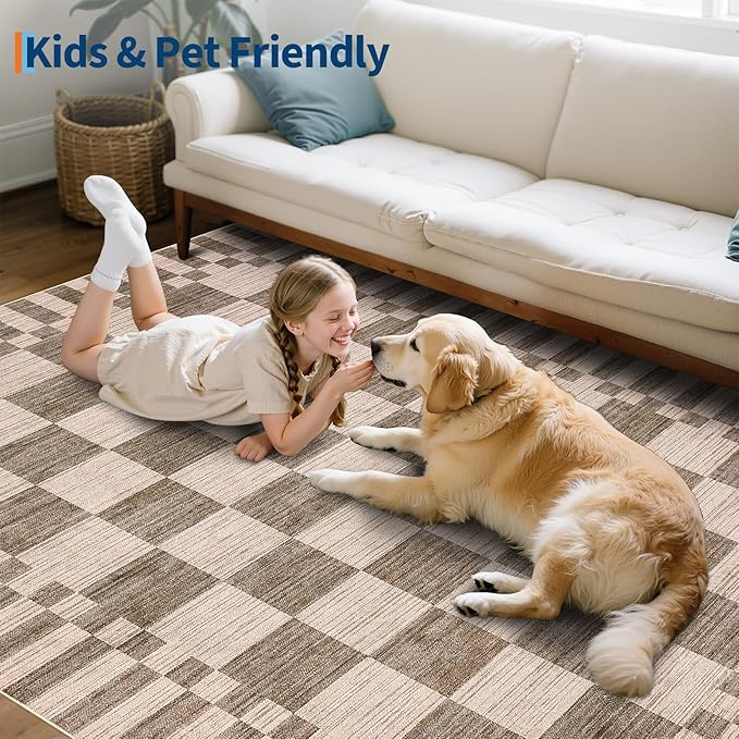 GarveeHome Brown Checkered Rug 5×7 Area Rugs for Living Room，Geometric Tan Brown Print Non-Slip Washable Rug Soft Low-Pile, Neutral Modern Farmhouse Rugs for Bedroom Dining Room Office