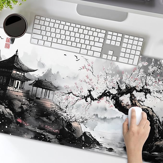 Black Whtie Japanese Gaming Mouse Pad XXL Anime Sakura Cherry Blossom Tree Extended Large Mat Mousepad Desk Pad Non-Slip Rubber Base Stitched Edge Keyboard Pad Playmat for Computer,35.4×15.7 Inch