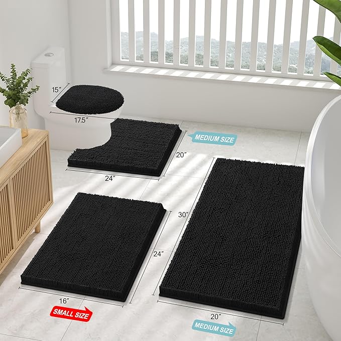 Smiry Luxury Chenille Bathroom Rugs 50x30, Extra Soft and Absorbent Shaggy Bath Mat, Machine Washable, Non-Slip Plush Carpet Runner for Tub, Shower, and Floor, Home Decor Accessories, Black