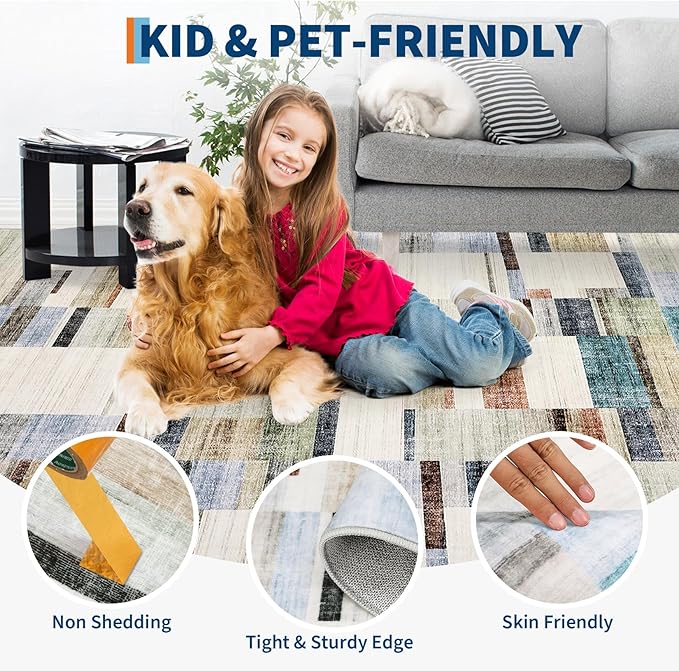 Washable Rug 10x13 Area Rug for Bedroom Farmhouse Geometric Living Room Rug Non Slip Large Area Rug Low Pile Throw Rugs Stain Resistant Carpet for Dining Room Multi 10'x13'