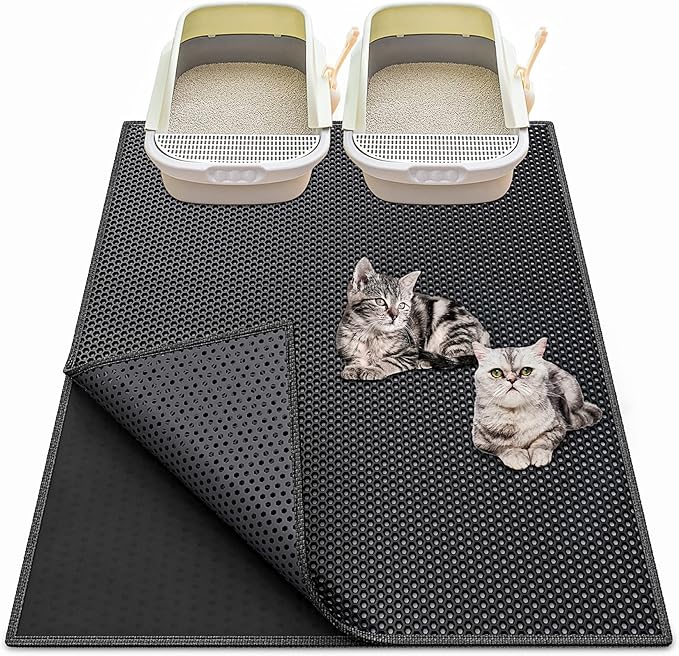 Cat Litter Box Mat: 36"x 30" Waterproof Kitty Cat Litter Trapping Mat, Easy-clean Double-layer Scatter Control Pad Rug (Black)