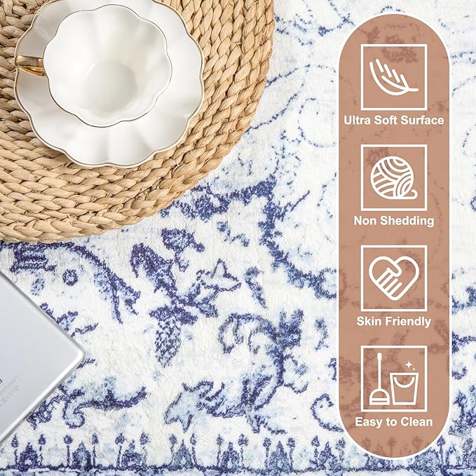 Area Rug 5x7 - Vintage Floral Honeycomb Non Slip Backing Carpet - Blue Softer Thicker Faux Wool Rug - Foldable & Machine Washable Rugs for Living Room Bedroom Dining Room Home Office