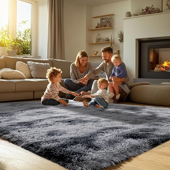 Grey Rugs for Living Room: 10x14 Large Shag Area Rugs for Living Room- Large Shag Rugs- Tie-Dyed Dark Grey Shaggy Big Mordern Indoor Carpets for Bedroom, (Tie-Dyed Dark Grey, 10x14)