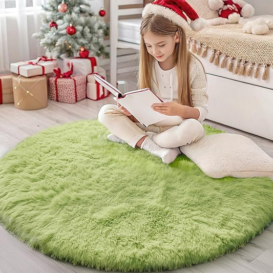 OLANLY Grass Green Round Rugs for Bedroom - Machine Washable, 4 ft Circle Area Rugs for Living Room, Soft and Fluffy Shaggy Carpet for Teen Girls and Boys, Nursery Rooms, Dorms, Home Decor Aesthetic