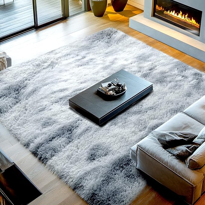 Shag Rugs for Living Room 9x12: 9x12 Area Rugs for Living Room- 9x12 Large Soft Tie-Dyed Light Grey Rugs for Bedroom- Fuzzy Plush Modern Carpets for Kids Room (Tie-Dyed Light Grey, 9x12 Feet