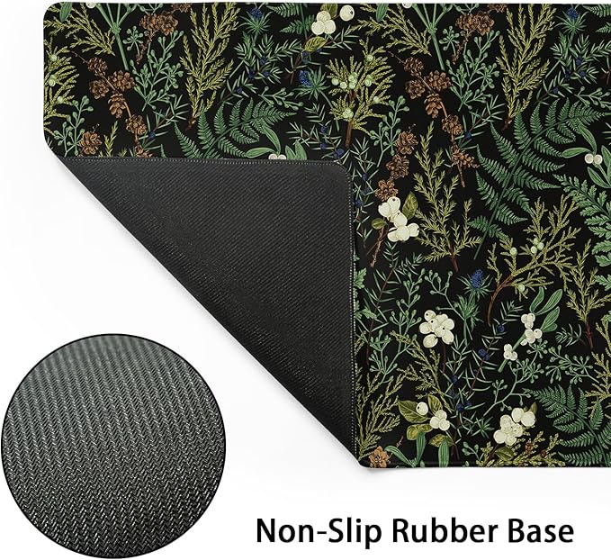Black Aesthetic Vintage Botanical Gaming Mouse Pad Large XL Cute Forest Green Plant Nature Floral Extended Large Big Mousepad Non-Slip Stitched Edge Long Mat for Desk Computer,24x14 Inch,60x35 CM