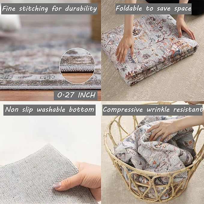 5x7 Washable Area Rug Gray Vintage Traditional Floor Cover Foldable Thin Kitchen Accent Indoor Distressed Non Slip Carpet Floral Print Mat Bedroom Living Room Bathroom