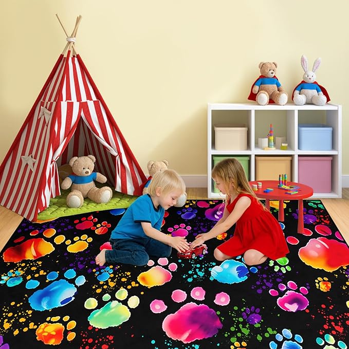Paw Print Rug - Cute Colorful Dog Cat Paw Print Rugs Cartoon Animal Claw Carpet for Kids Bedroom Cute Animal Paw Themed Decorative Carpet for Playroom Soft Cartoon Decor for Classroom,2'5''×4'