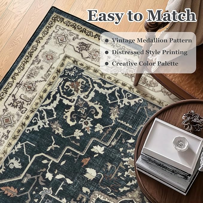 Medallion Round Rugs 6ft, Low Pile Thin Circle Area Rugs for Bedroom Living Room Washable Non Slip, Vintage Round Carpet for Kitchen Dining Room, Midnight/Multi