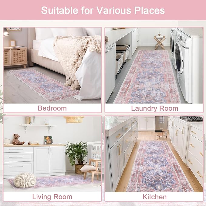 Hallway Runner Rug, 2x8 Vintage Pink Area Rug, Honeycomb Non Slip Kitchen Runner Rugs, Washable Soft Faux Wool Rug for Hallways Entryway Kitchen Laundry Bedroom
