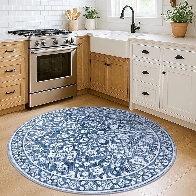 Blue and White Round Rug 5 Ft Rugs for Entryway Washable Circle Entrance Rug Non Slip Round Doormat Indoor Printed Faux Wool Round Front Door Mat Floor Carpet for Backdoor, Bedroom