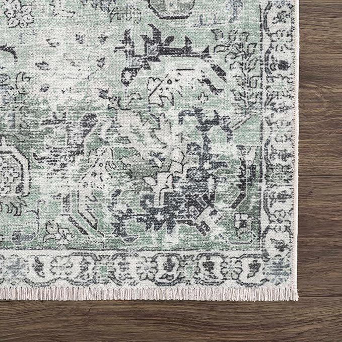 Hauteloom Carwyn Bohemian Vintage Medallion Area Rug - Farmhouse Oriental Carpet for Living Room, Bedroom - Machine Washable- Olive, Dark Green - 6'7" x 9'