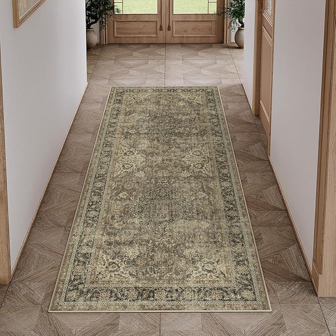 2x5 Washable Brown Runner Rug Vintage Hallway Kitchen Carpet Non-Slip Soft Low Pile Distressed Throw Rug for Bedroom Bathroom Laundry Living Room