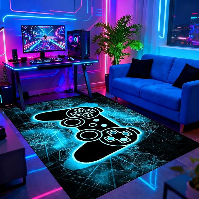 Gaming Video Game Area Rugs for Boys Teens Modern Cool Tech Style Gaming Room Home Decor Gamer Controller Gamepad Pattern Area Rug Floor Carpet Bathroom Mat for Leisure/Living/Bedroom