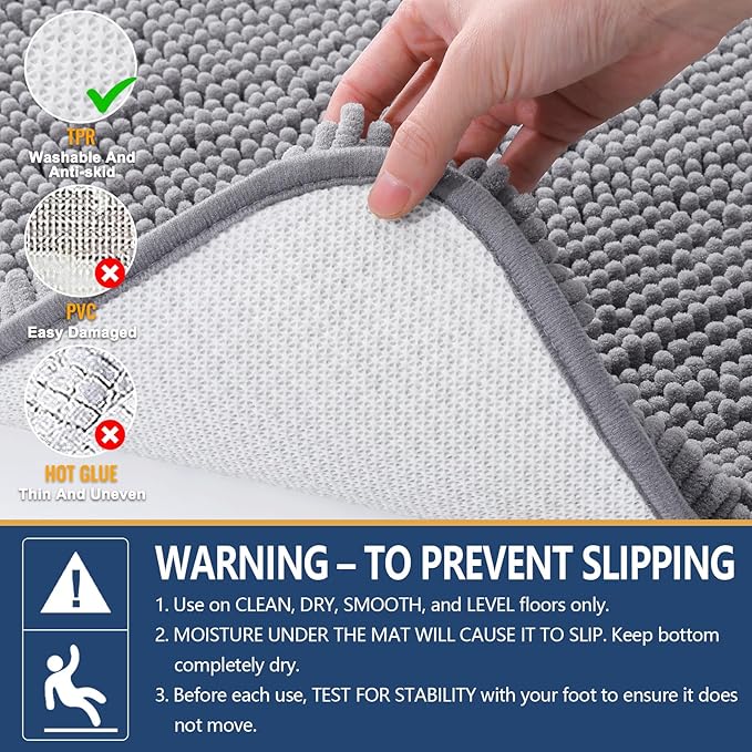 Arotive Bathroom Rugs 47x17, Extra Soft Absorbent Shaggy Chenille Bath Rugs, Machine Washable Rubber Backing Non-Slip Bath Mats for Bathroom Floor Tub and Shower, Home Decor Accessories, Grey