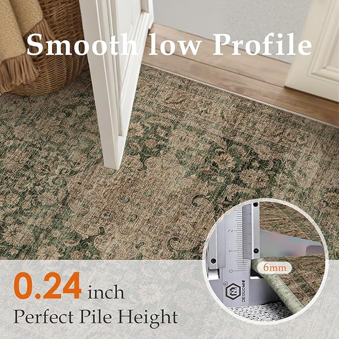 2x5 Washable Vintage Runner Rug Green Brown Hallway Kitchen Carpet Non-Slip Soft Low Pile Distressed Throw Rug for Bedroom Bathroom Laundry Living Room