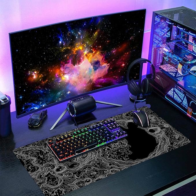 Black Whtie Topographic Gaming Mouse Pad XL Topo Moon Relief Map Extended Large Mat Mousepad Desk Pad Non-Slip Rubber Base Stitched Edge Long Keyboard Playmat for Desk Computer,24x14 Inch