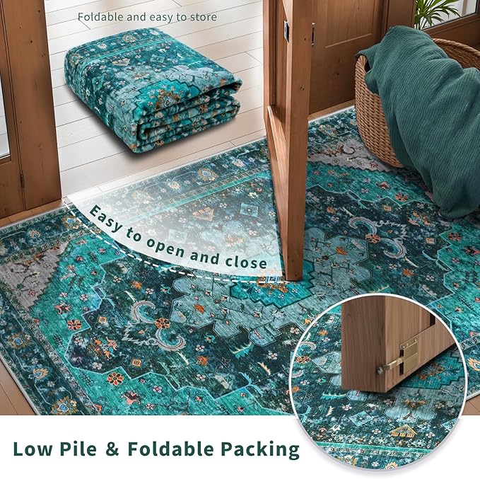 Ciicool Area Rug 5x7ft Washable Rugs for Living Room Non-Slip Indoor Rugs Large Low-Pile Mat Floor Carpet Vintage Rug for Bedroom Dinning Foyer Decor (Teal/Multi)
