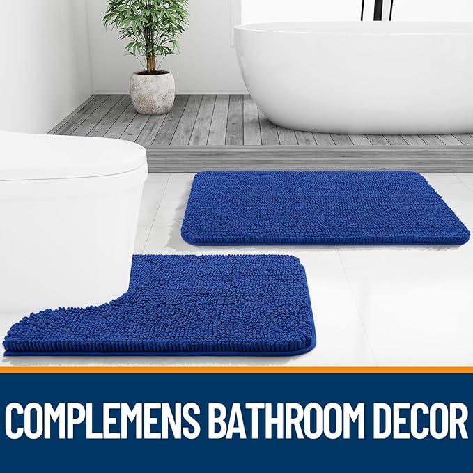 OLANLY Bathroom Rugs Sets 2 Piece, Soft Absorbent Chenille Bath Mats and U-Shaped Contour Toilet Mat Area Rug Set, Machine Washable Bath Carpet, Home Decor Accessories(24"x16"+24"x20", Royal Blue)