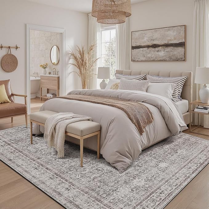 DCX Machine Washable Beige and Grey Area Rug 5x7, Non Slip Stain Resistant Vintage Rug for Living Room Diningroom Bedroom Nursery, Soft Low Pile Large Carpet