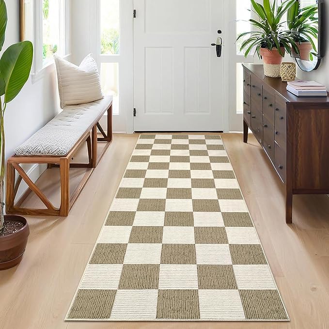 GarveeHome 2x6 Kitchen Runner Rug Non Slip Washable Area Rug for Front Door, Entryway, Hallway, Distressed Checkered Mat Low Pile Neutral Area Rug Stain Resistant Farmhouse Rugs Beige and Brown Rug