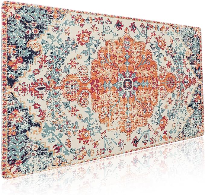 Orange Teal Boho Gaming Mouse Pad XXL Vintage Rug Bohemian Extended Large Desk Mat Big Mousepad Non-Slip Rubber Base Stitched Edge Long Mousepad for Desktop Office PC Gamer, 35.4 x 15.7 Inch