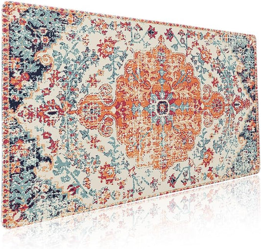 Orange Teal Boho Gaming Mouse Pad XXL Vintage Rug Bohemian Extended Large Desk Mat Big Mousepad Non-Slip Rubber Base Stitched Edge Long Mousepad for Desktop Office PC Gamer, 35.4 x 15.7 Inch