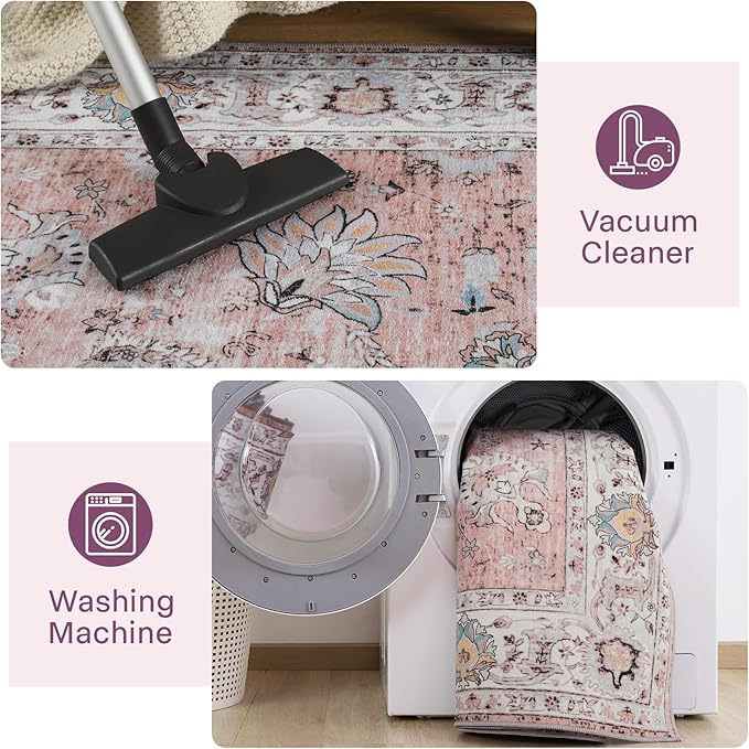 5x7 Washable Area Rug, Large Boho Rugs for Living Room, Pink Rugs for Bedroom Girls Dining Room Office, Anti Slip Low-Pile Stain Resistant Printed Vintage Floral Carpet Christmas Decor