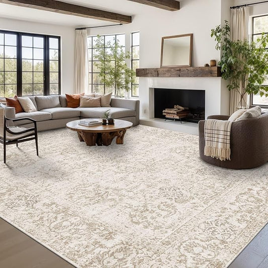 9x12 Extra Large Washable Area Rug, Soft Neutral Vintage Boho Rug for Living Room, Bedroom, Office, Farmhouse, Low Pile Imitation Wool Non Slip Carpet Ideal for High-Traffic Areas, Light Brown