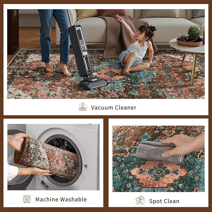 Ciicool Area Rug 5x7ft Washable Rugs for Living Room Non-Slip Indoor Rugs Large Low-Pile Mat Floor Carpet Vintage Rug for Bedroom Dinning Foyer Decor (Brick Red/Dull Teal)