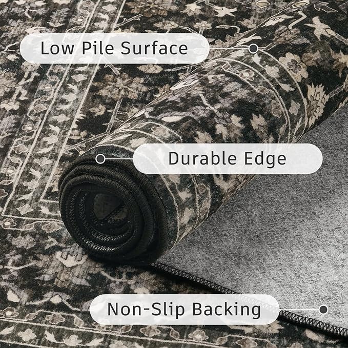 DCX Machine Washable Black Area Rug 5x7, Non Slip Stain Resistant Vintage Area Rug for Living Room Diningroom Bedroom Nursery, Soft Low Pile Large Carpet