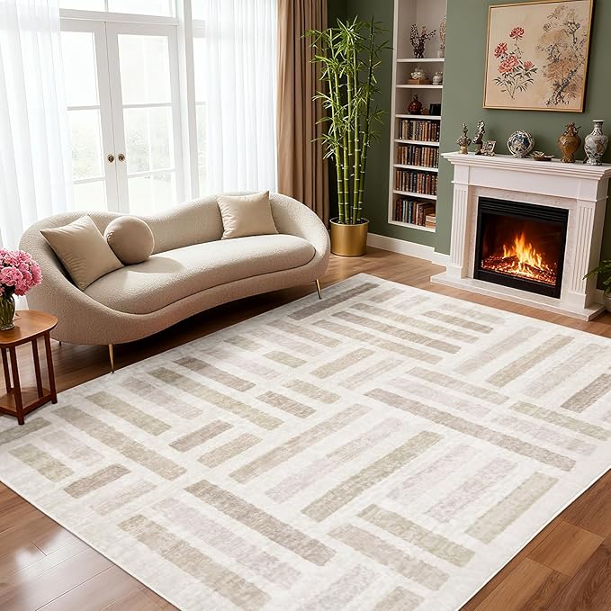 Washable Area Rugs,5x7ft Soft Rug for Living Room and Bedroom Vintage Striped Rug Stain Resistant with Non Slip Backing Geometric Checkered Foldable Print Mat for Home Decor