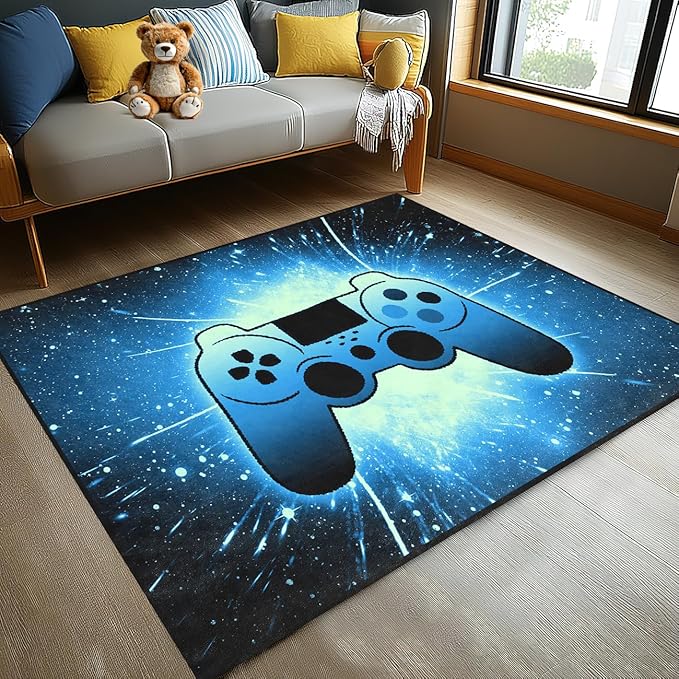 Gaming Rug for Gamer Game Room Boys Gamer Theme Carpets, Blue Galaxy Game Loading Gamepad Printed Floor Rugs for Bedroom Living Room Mat Sofa Mats,4'5''×6'