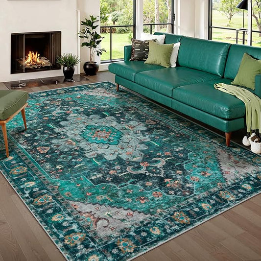 Ciicool Area Rug 5x7ft Washable Rugs for Living Room Non-Slip Indoor Rugs Large Low-Pile Mat Floor Carpet Vintage Rug for Bedroom Dinning Foyer Decor (Teal/Multi)