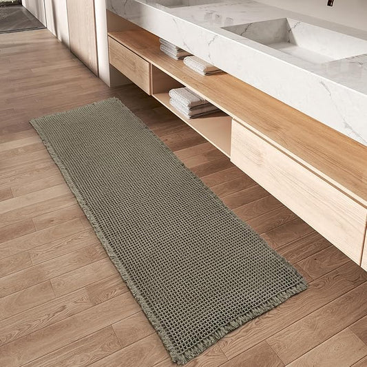 Upgraded Christmas Waffle Runner Rug Super Absorbent Non Slip Bath Mats for Bathroom Floor Washable Bathroom Runner Rug with Tassels, Ideal for Hallway Bedroom Laundry Room, Green, 2' x 5'(24" x 60")
