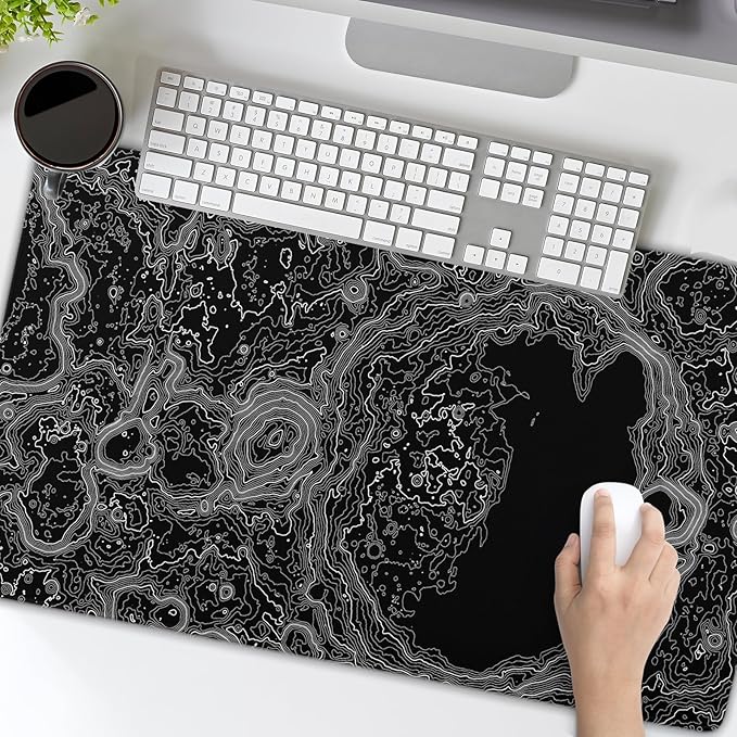 Black Whtie Topographic Gaming Mouse Pad XL Topo Moon Relief Map Extended Large Mat Mousepad Desk Pad Non-Slip Rubber Base Stitched Edge Long Keyboard Playmat for Desk Computer,24x14 Inch