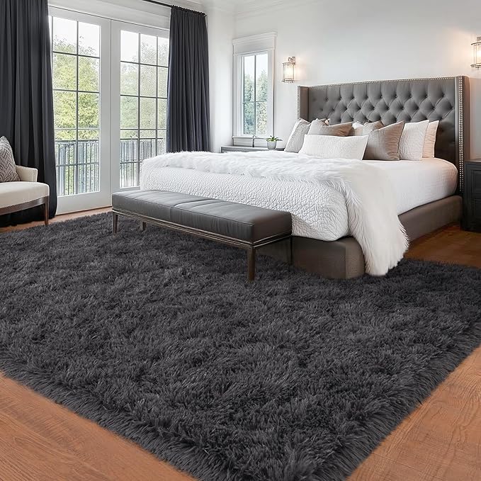 Shag Rugs 4x6 for Bedroom Living Room Dorm, Fluffy Shaggy Plush Area Rug Non-Slip Washable Floor Carpet for Bedside Playroom Nursery Girls Boys Room, Anthracite Gray