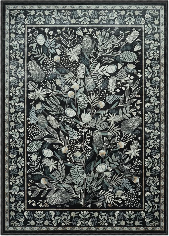 Anidaroel Washable Rugs for Living Room 5x7, Black Botanical Print Large Area Rug, Modern Soft Rugs for Bedroom Aesthetic, Non Slip Stain Resistant Dining Room Mat Indoor Carpet for Nursery Dorm