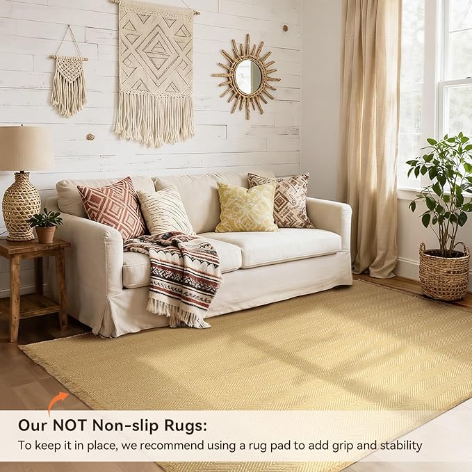 BESTSWEETIE 8x10 Washable Rug Hand-Woven Low Pile Soft Modern Farmhouse Bohemian Decor Reversible Braided Rugs with Tassels Throw Carpet for Living Room Bedroom Entryway Bathroom, Natural Jute
