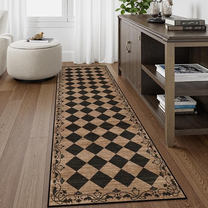 Beeiva Checkered Hallway Runner Rug 2.5x8 Vintage Kitchen Runner Rugs Non Skid Washable 8ft, Stain Resistant Ultra Thin Entryway Decor Framhouse Fall Diamond Carpet for Bathroom Besides (Brown/Black)