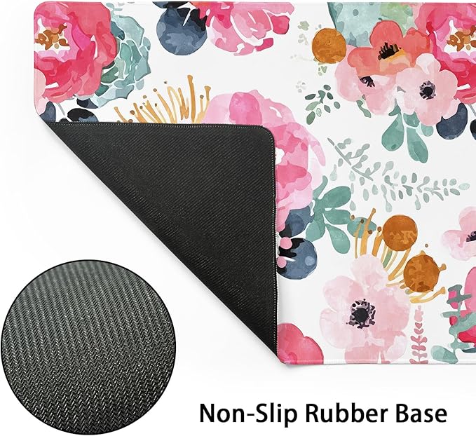Pink Green Flowers Gaming Mouse Pad XL Cute Watercolor Floral Pretty Extended Desk Pad Trendy Pastel Big Large Mousepad Non-Slip Rubber Base Stitched Edge Long Table Mat for Desktop, 31.5 x 11.8 inch