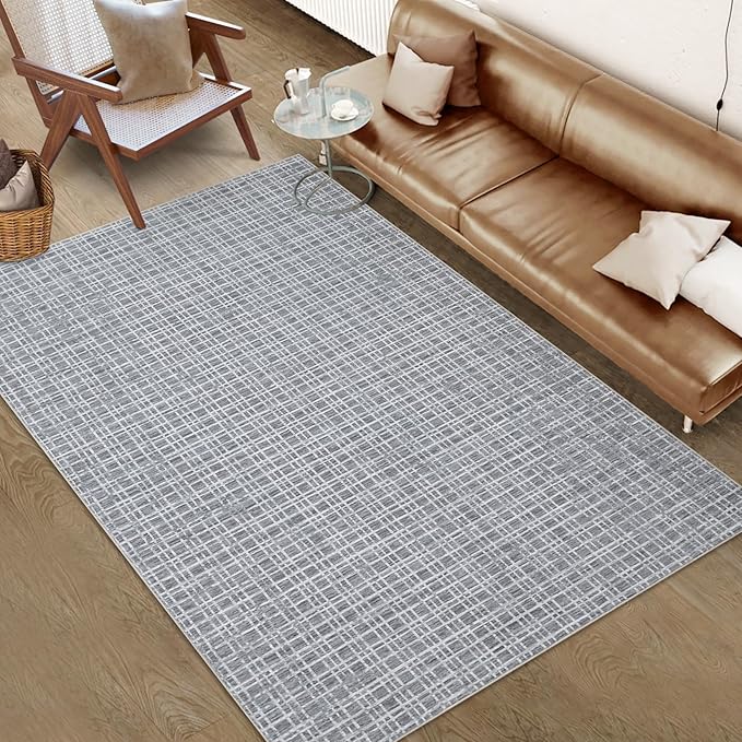 Washable Rug 6 x 9 Area Rug for Living Room Modern Large Area Rug for Bedroom Farmhouse Grid Non Slip Throw Rugs Soft Faux Wool Low Pile Stain Resistant Carpet for Dining Room 6'x9' Grey