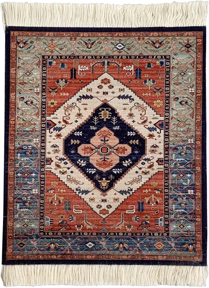 Persian Style Carpet Mouse Pad – Vintage Miniature Bohemian Rug Desk Pad, Non-Slip Computer Mouse Mat with Fringed Edges, Elegant Table Decor for Home & Office Accessories